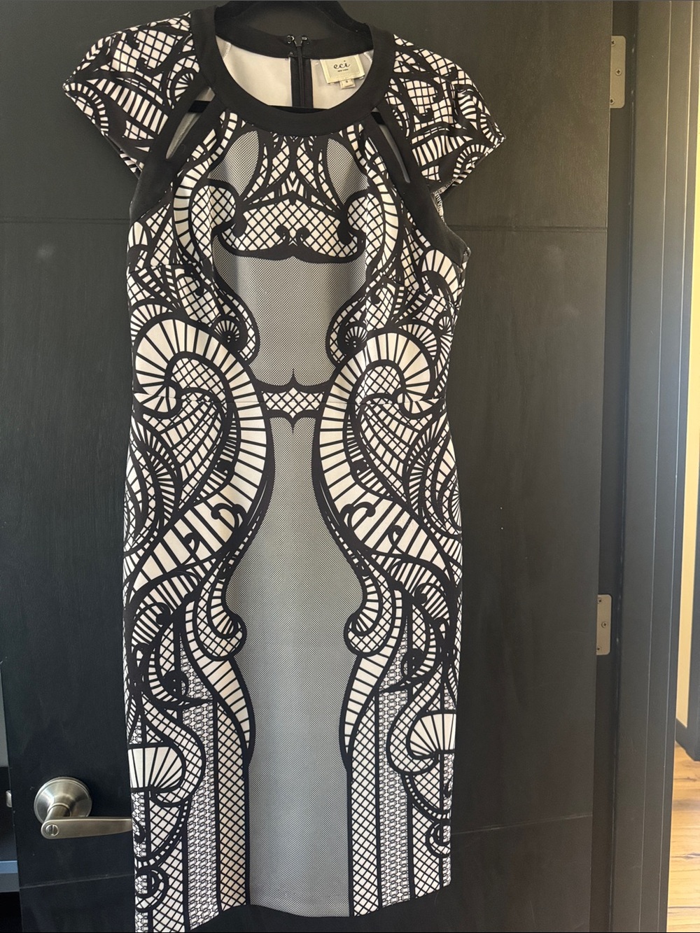 ECI Black and White Lace-Pattern Midi Dress